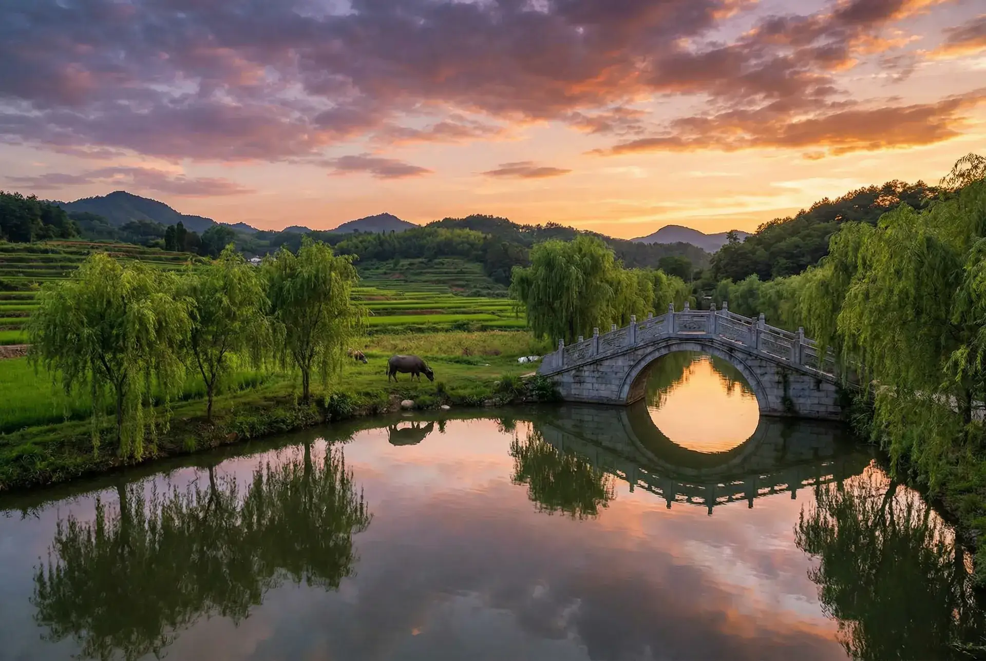 夕阳下的石拱桥与垂柳，水牛在河边吃草 - 黄瓜社区视频 乡村美景